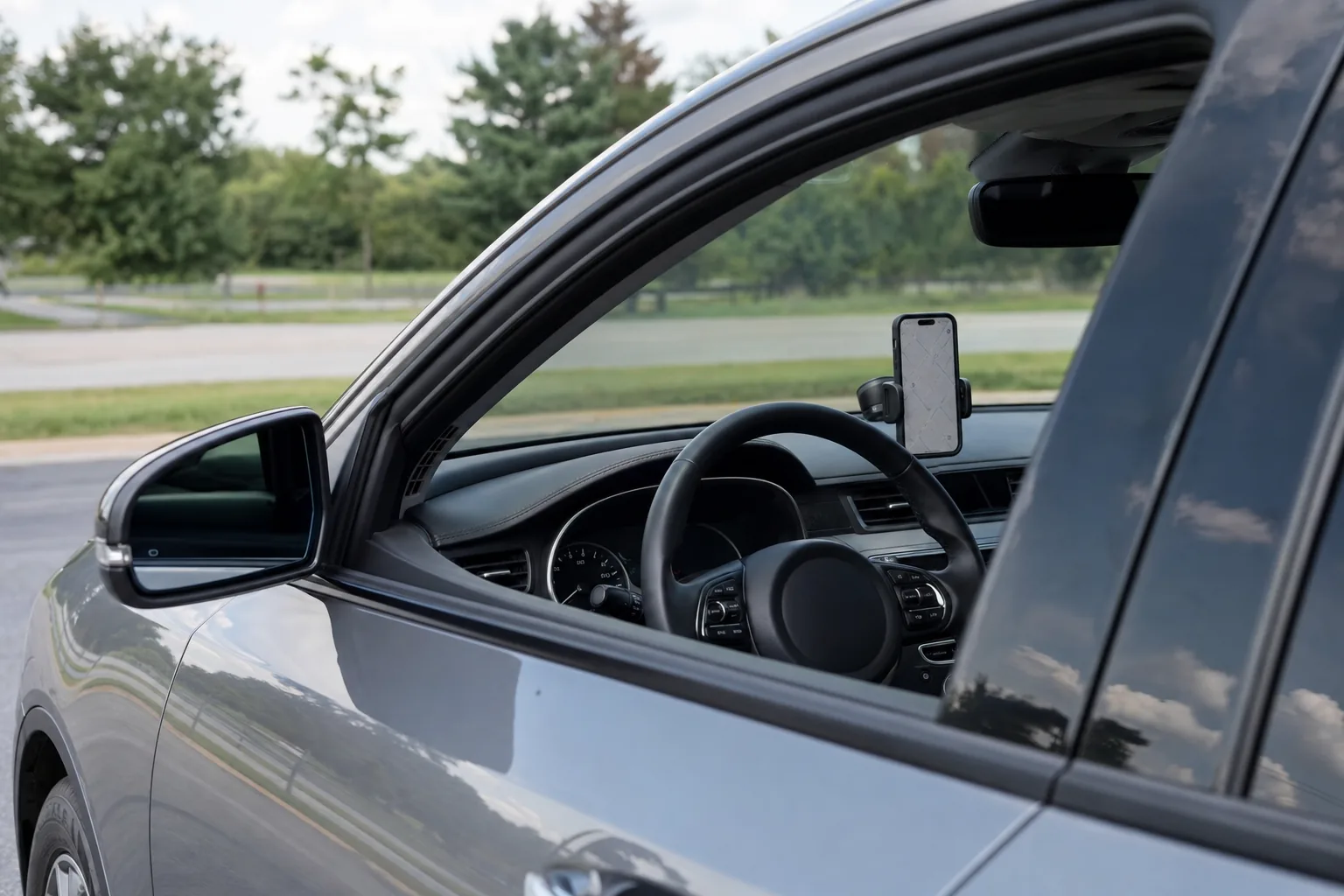 A clear view through a ceramic-tinted car window, a phone on its dash mount