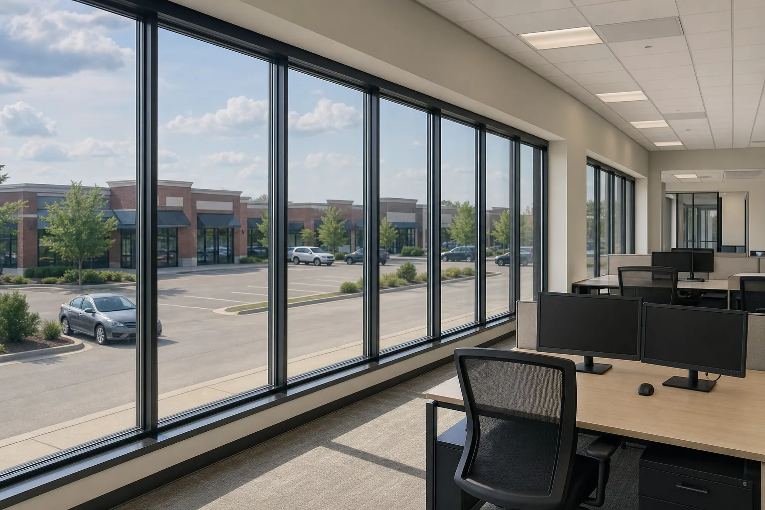An office with solar-control film on its full-height windows