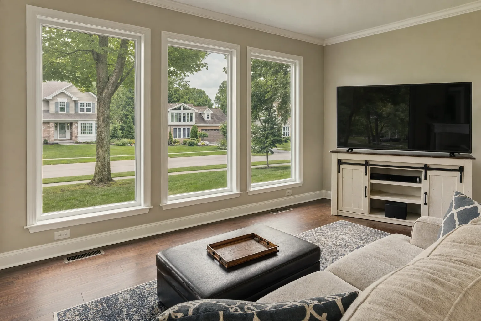 A bright living room with heat-control film on its tall windows