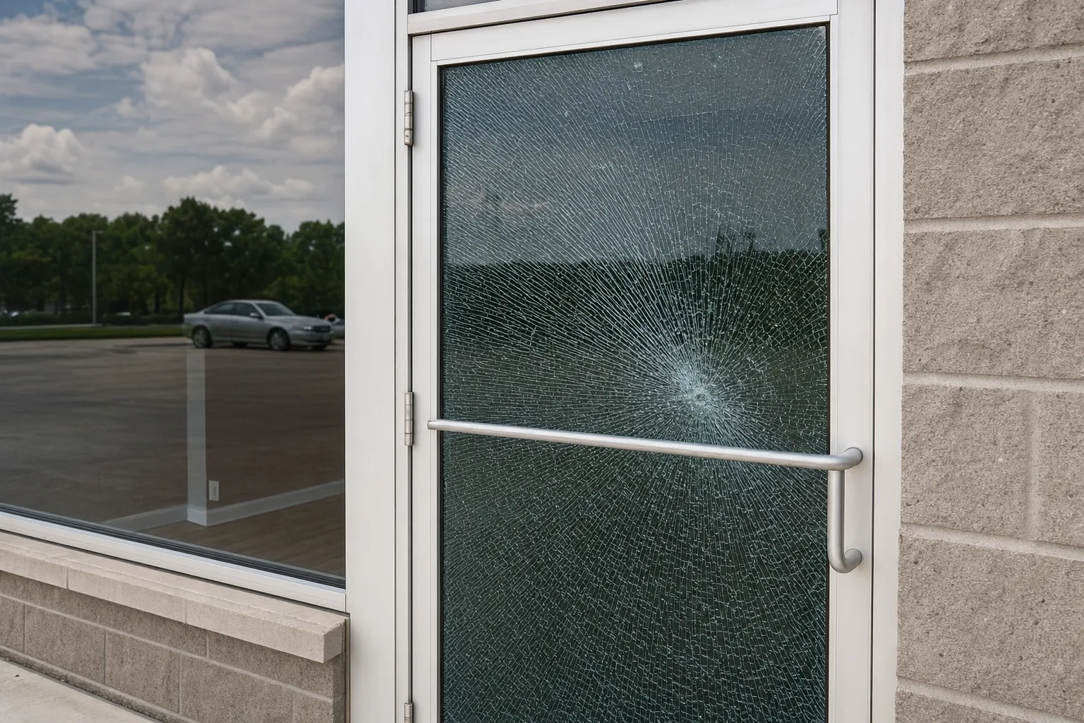 A shop door whose shattered glass is held in place by security film