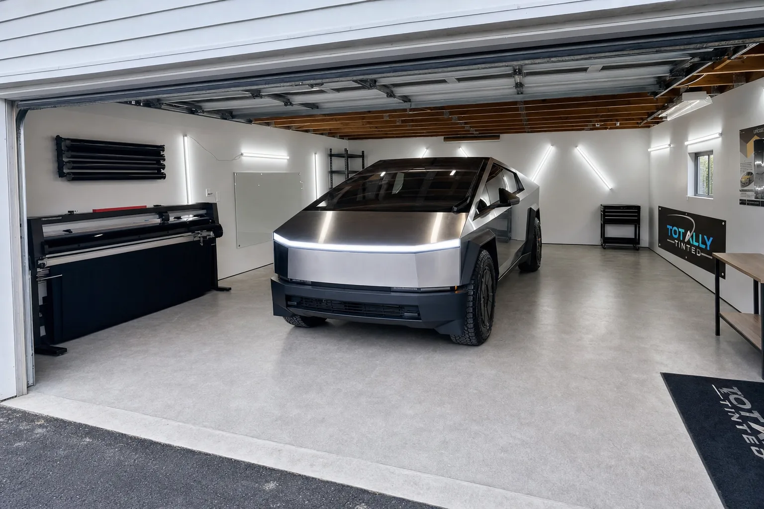 Brushed stainless steel Tesla Cybertruck with freshly tinted windows in the Totally Tinted garage studio
