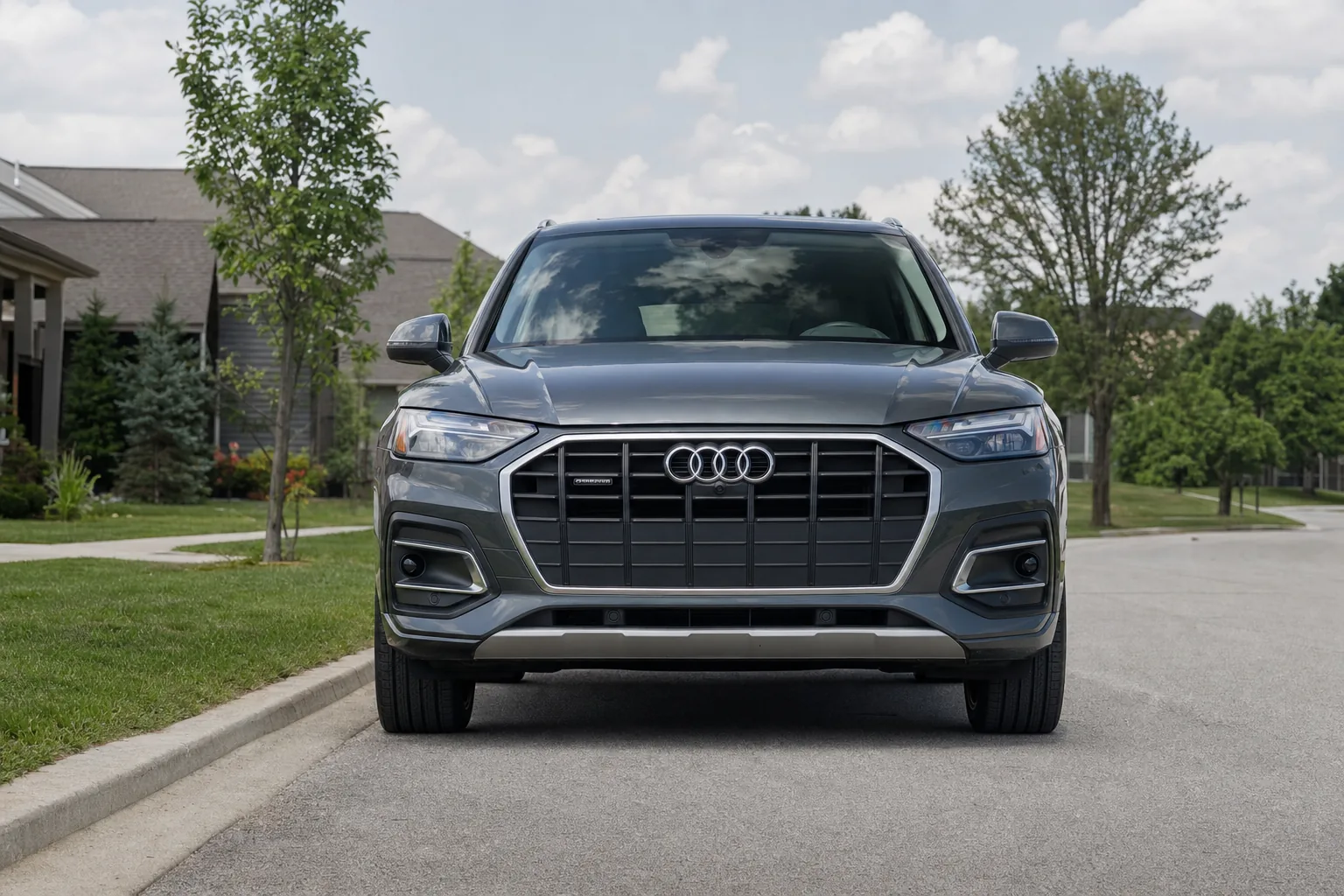 A grey Audi Q5 seen from the front, its windshield crystal clear
